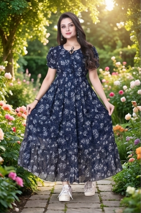 Blue Floral Print Georgette Maxi Dress