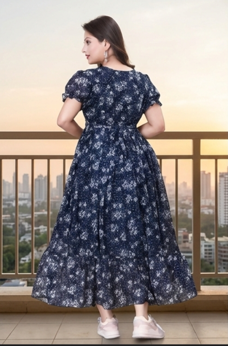 Blue Floral Print Georgette Maxi Dress