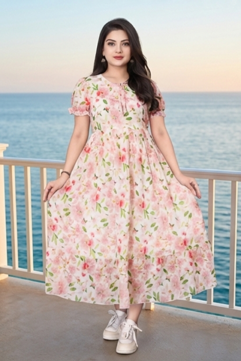 White Floral Print Georgette Maxi Dress