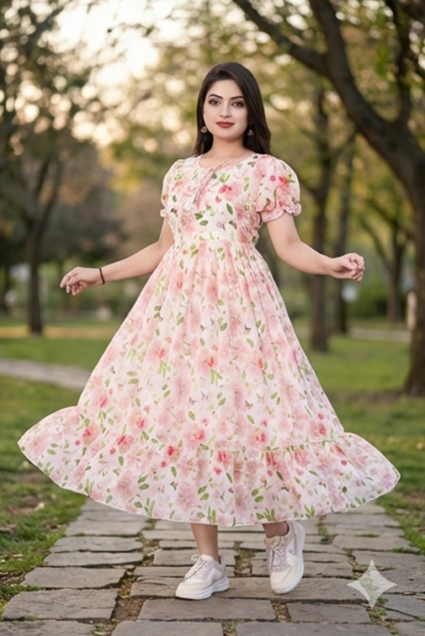 White Floral Print Georgette Maxi Dress