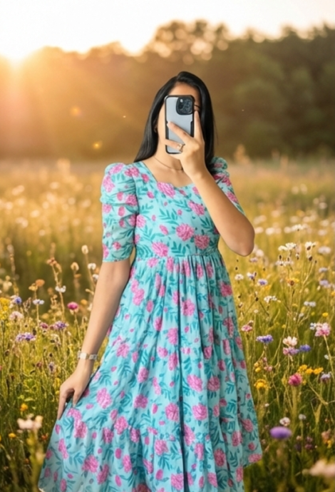 Sky Blue Floral Fit & Flare Women’s Dress