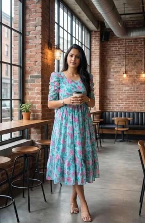 Sky Blue Floral Fit & Flare Women’s Dress