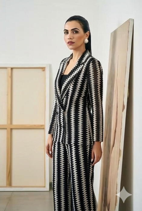 Women’s Black Zig-Zag Printed Co-Ord Set with Jacket