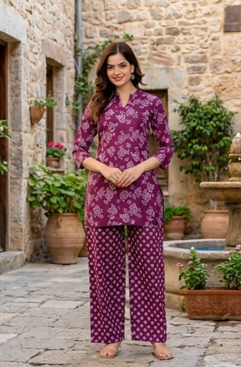 Women’s Purple Cotton Printed Co-Ord Set with Palazzo