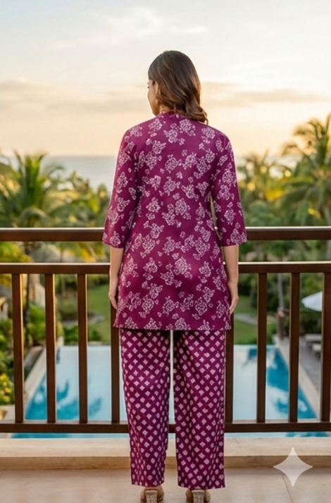 Women’s Purple Cotton Printed Co-Ord Set with Palazzo