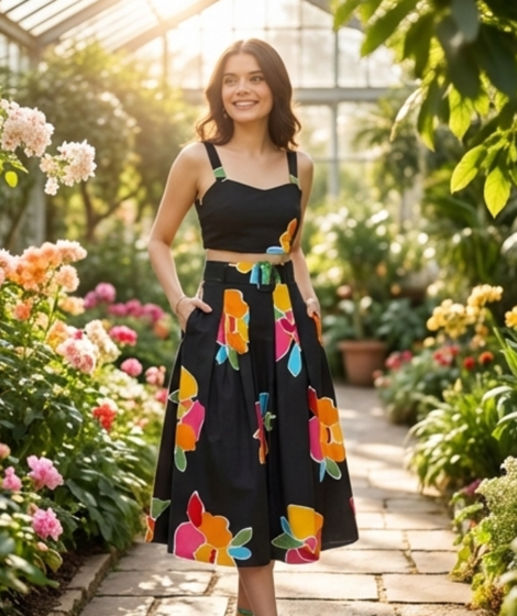 Women’s Black Floral Printed Crop Top & Midi Skirt Co-Ord Set