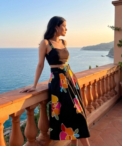 Women’s Black Floral Printed Crop Top & Midi Skirt Co-Ord Set