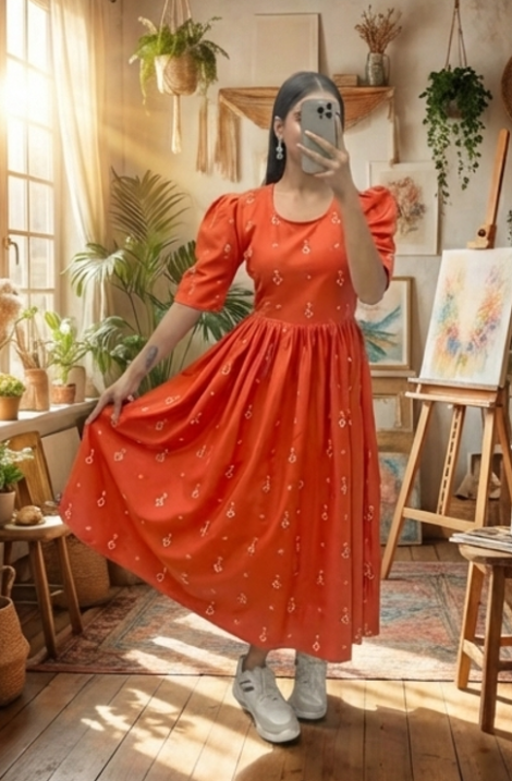 Orange Printed Rayon Slub Midi Dress with Round Neck