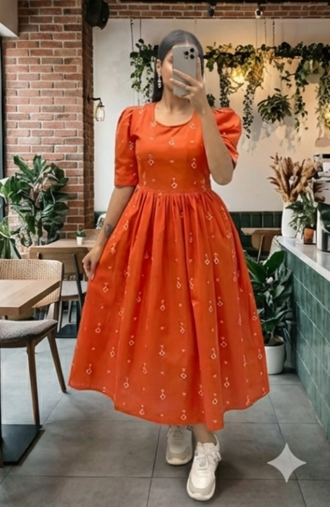 Orange Printed Rayon Slub Midi Dress with Round Neck